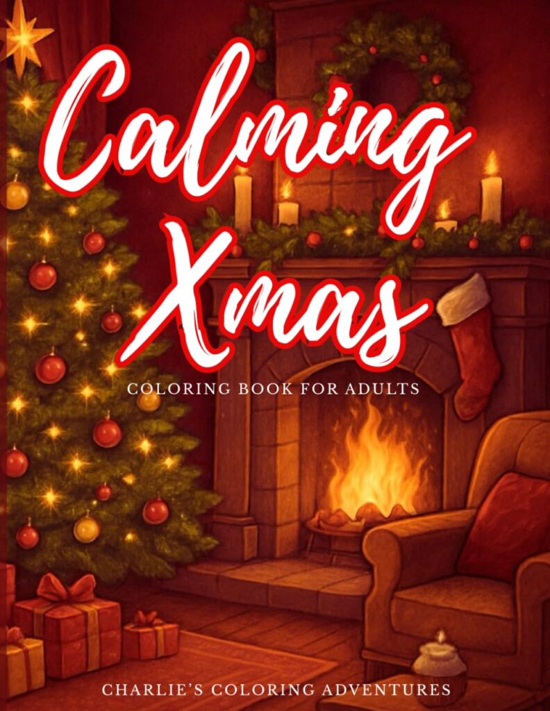 Cover of Calming Xmas Coloring Book showing fireplace and tree